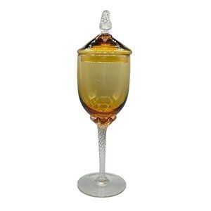 Vintage Italian Empoli Amber Glass Candy Jar Hand Blown Glass Jar Pedestal w Lid